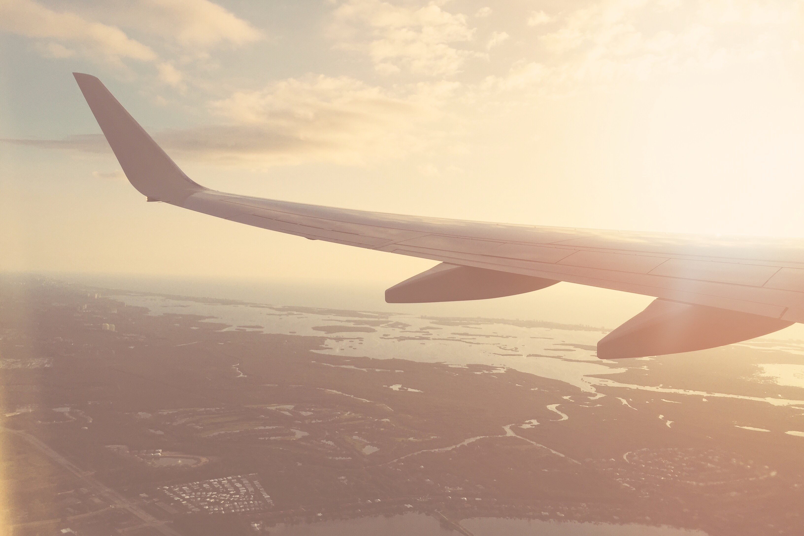 Airplane wing, travel, sunset