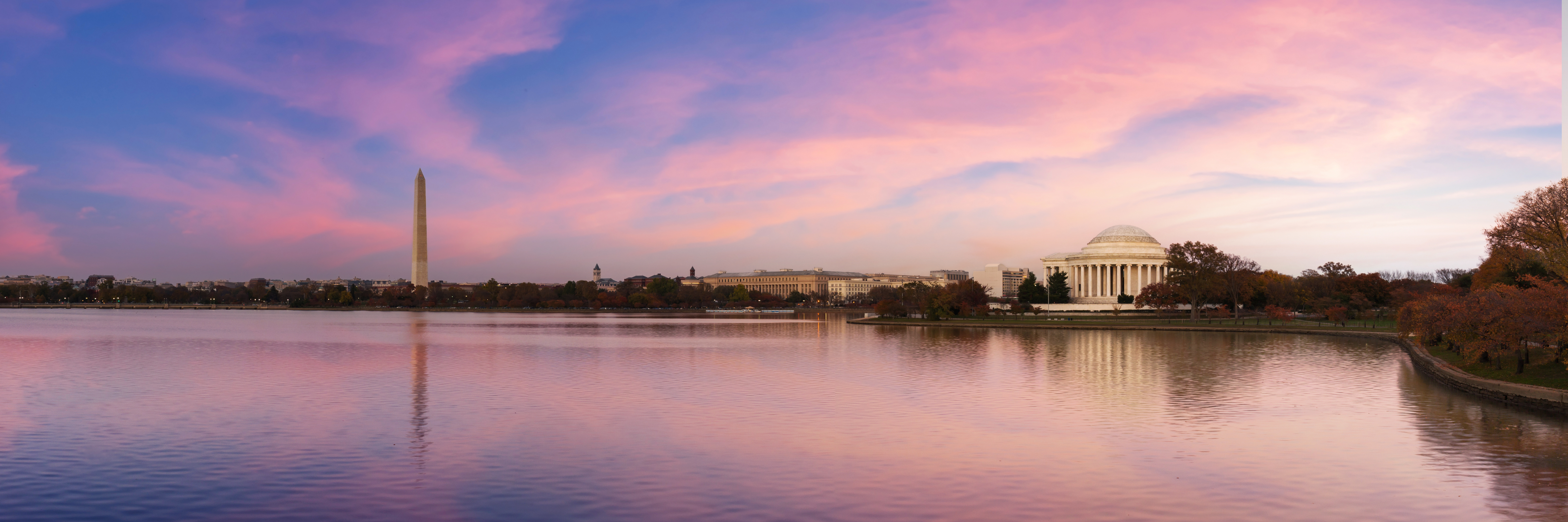 Sunset over various landmarks in Washington, D.C.