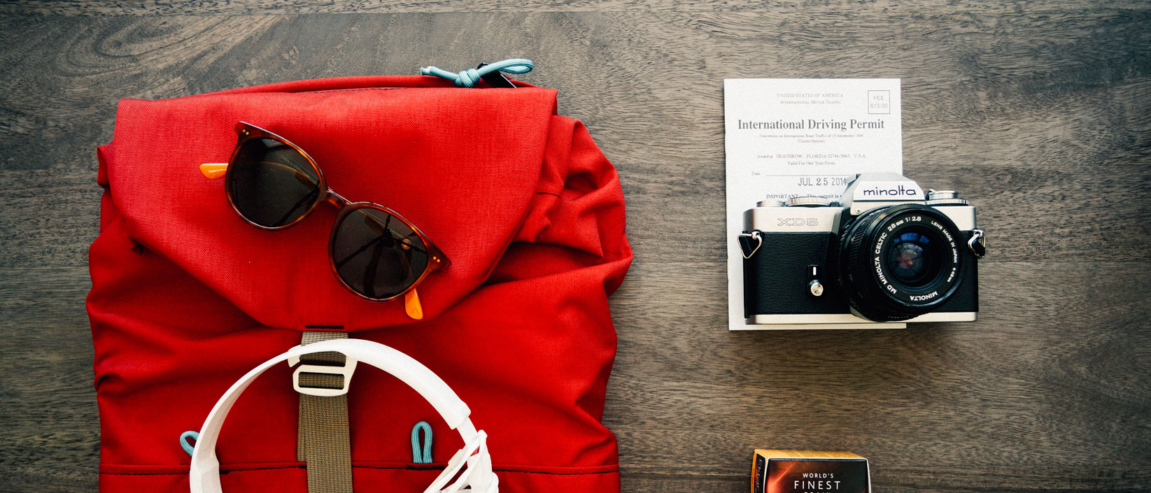 Backpack, Headphones, Sunglasses, Camera, Permit